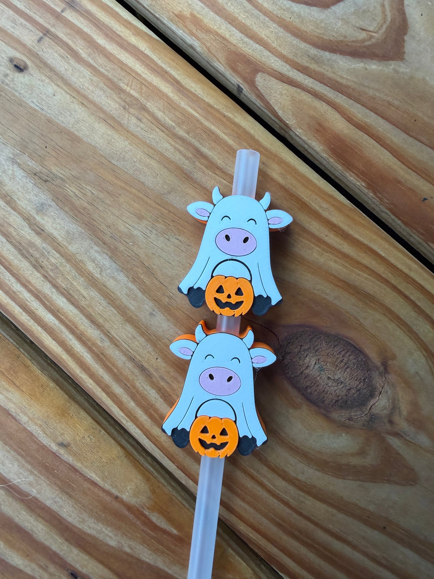 Cow Ghost w/Pumpkin - 3d Straw Topper