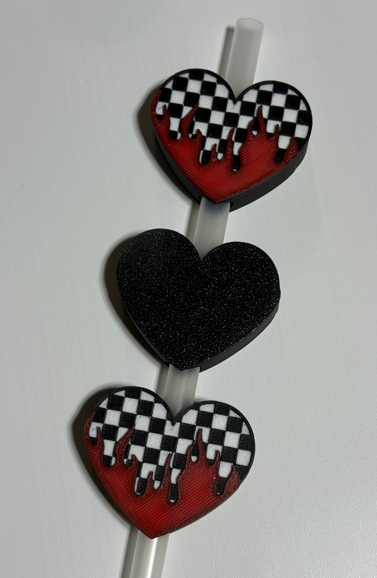 Checker Heart w/ Flame - 3d Straw Topper
