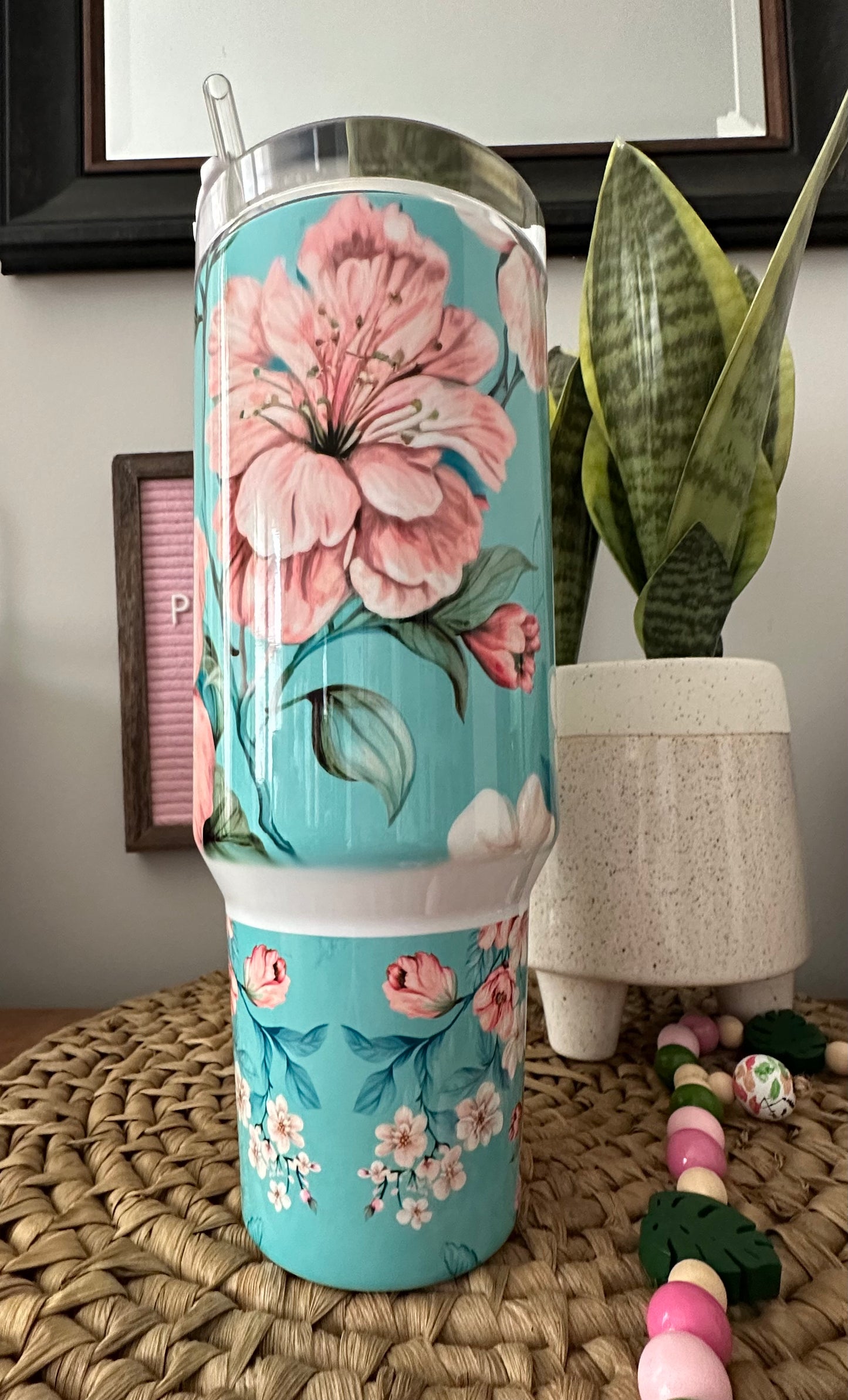 40oz w/Handle- Teal Floral