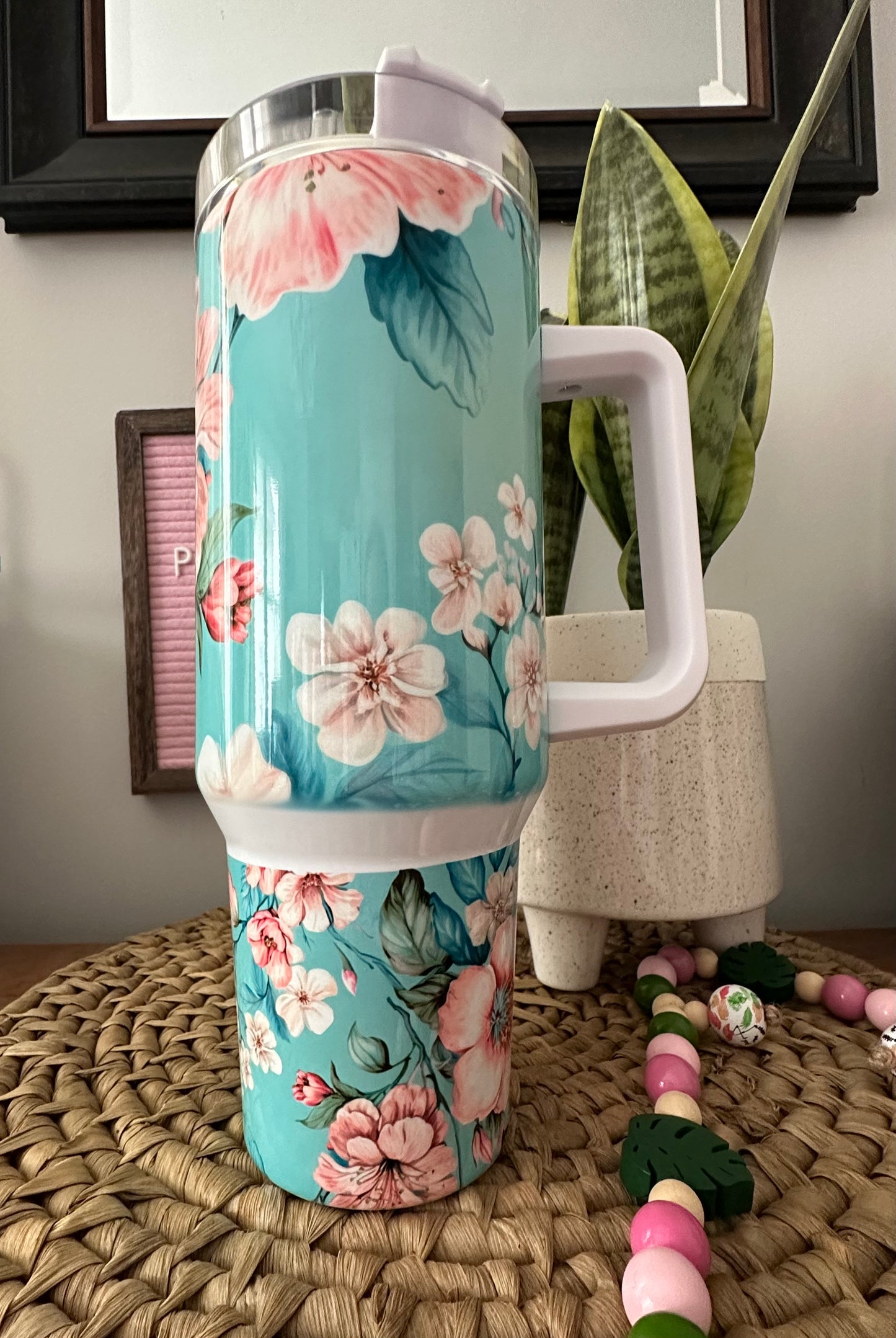 40oz w/Handle- Teal Floral