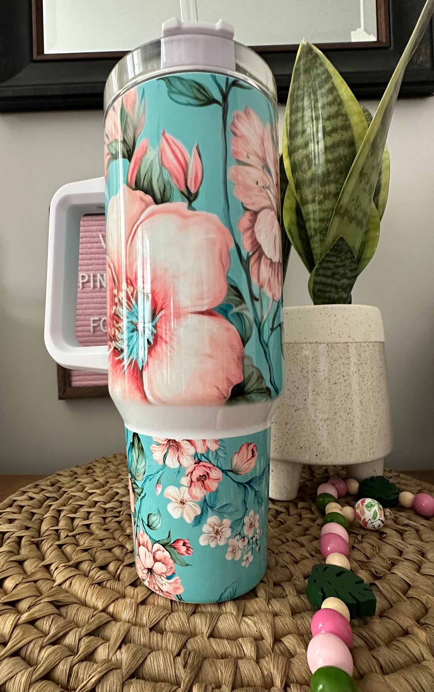 40oz w/Handle- Teal Floral