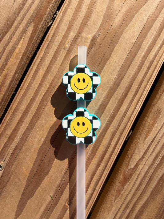 Checkered Happy Face - 3d Straw Topper