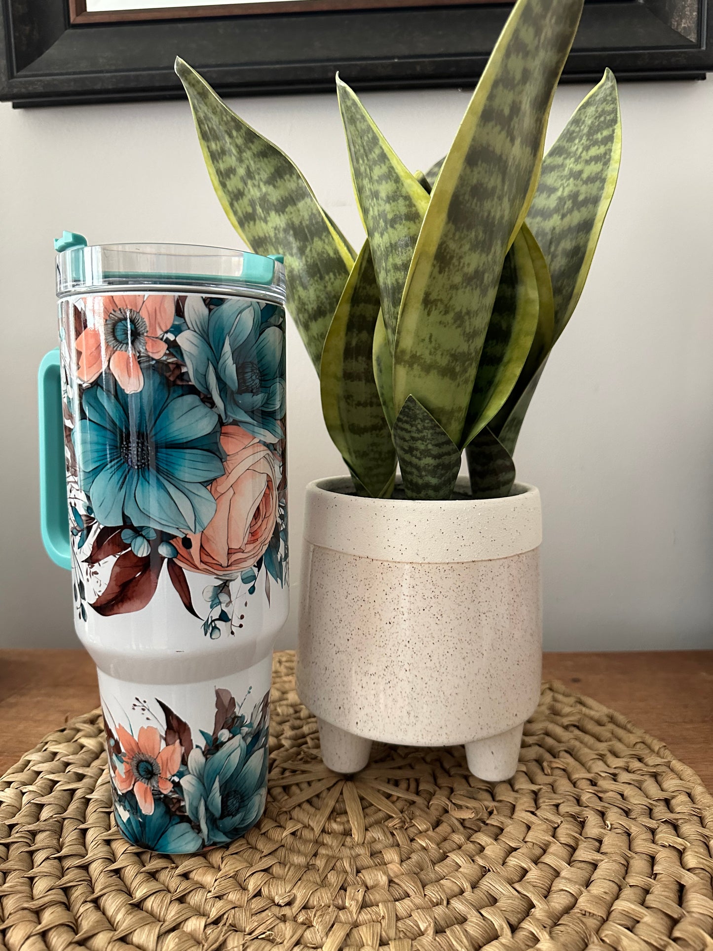 40oz w/Handle - Teal Floral Boho