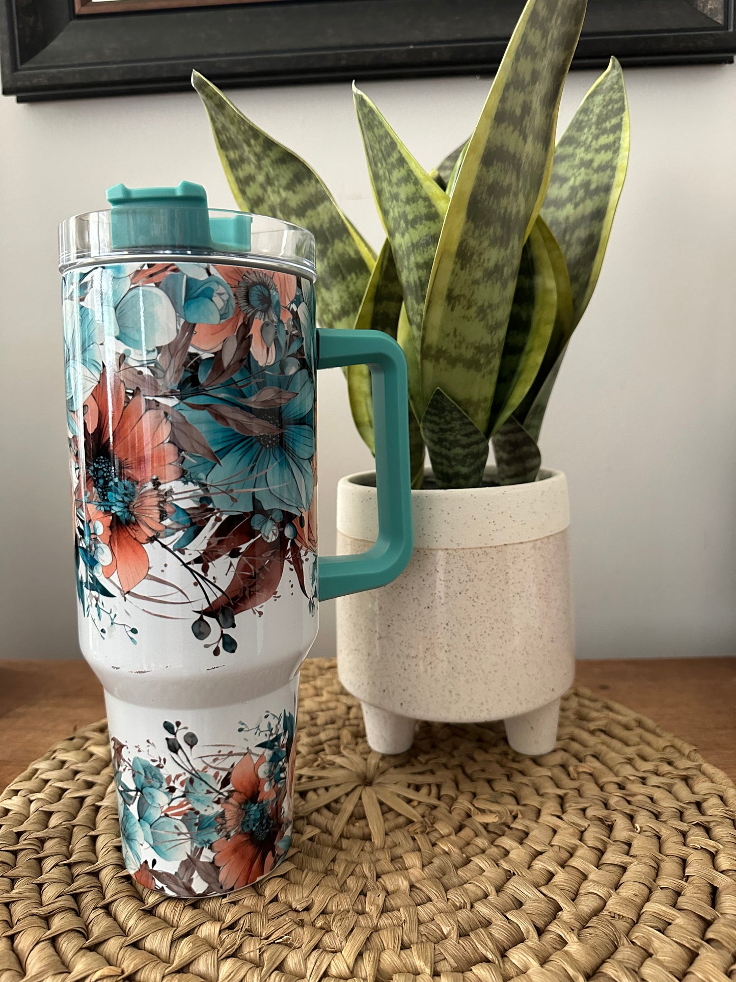 40oz w/Handle - Teal Floral Boho