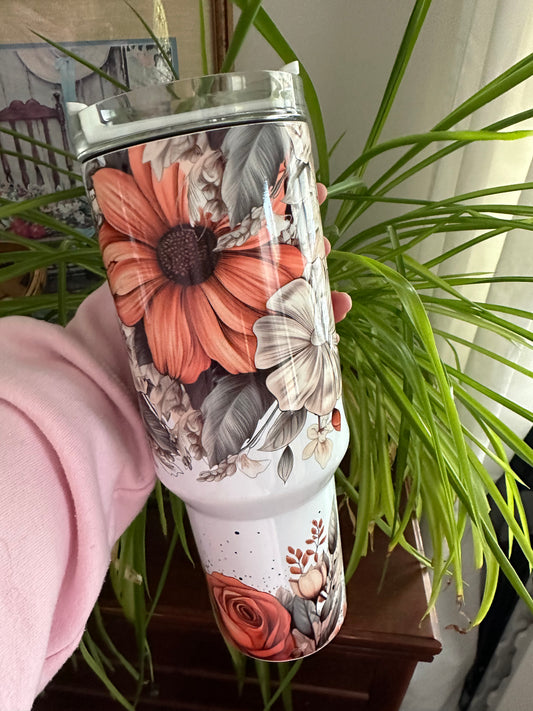 40oz w/Handle - Brown Floral Boho