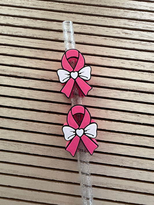 Pink Ribbon w/White Bow  - 3d Straw Topper