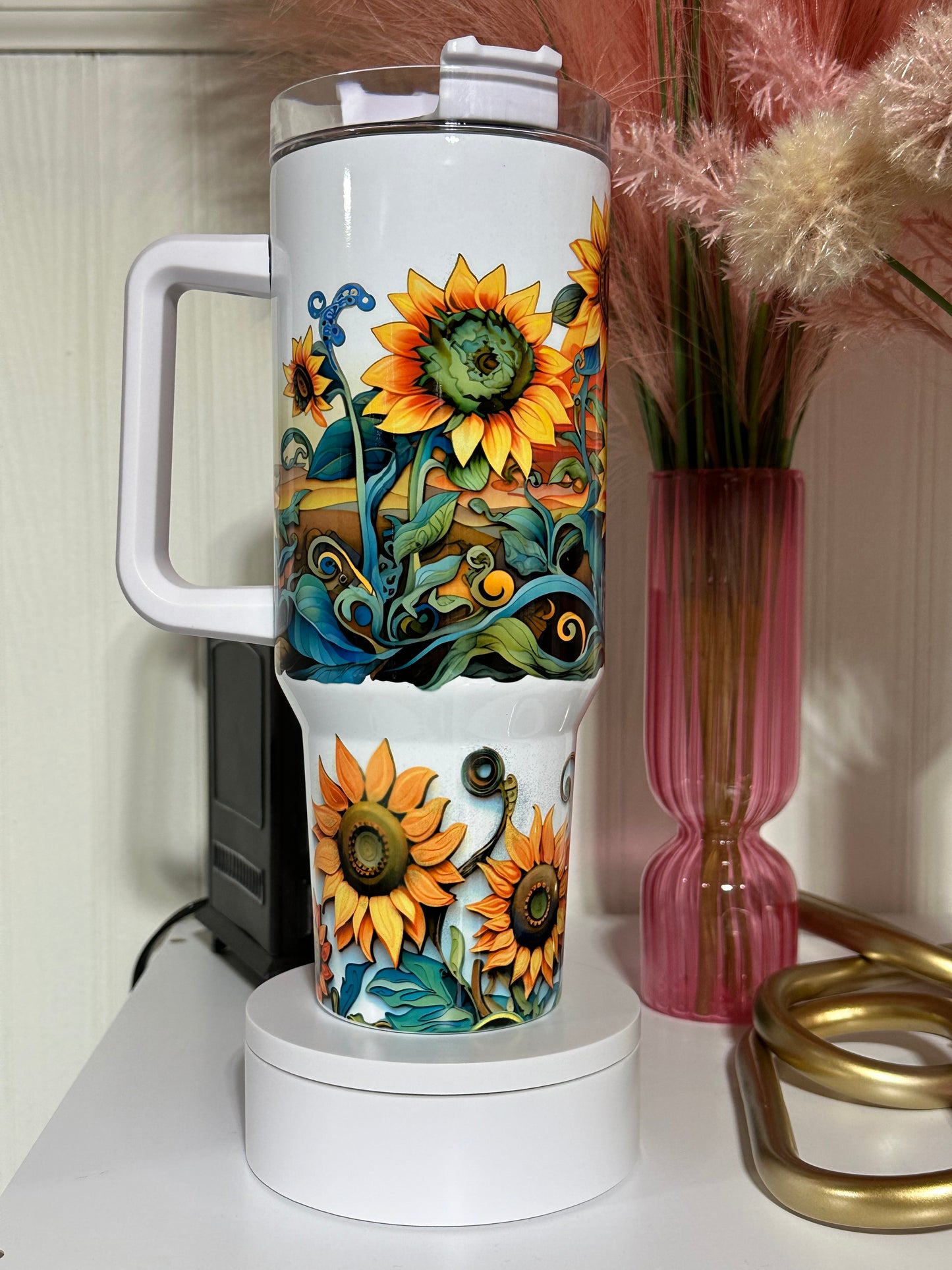 40oz w/Handle- 3D Sunflower