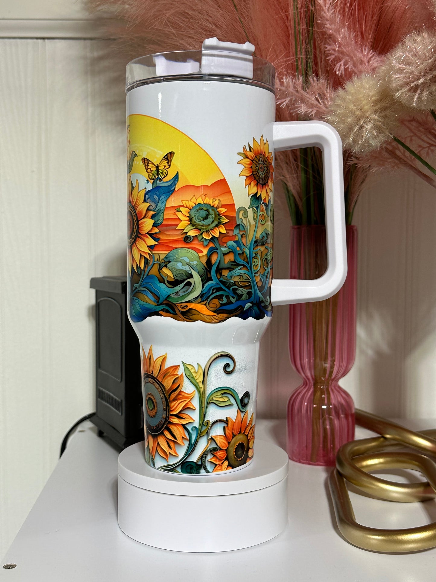 40oz w/Handle- 3D Sunflower