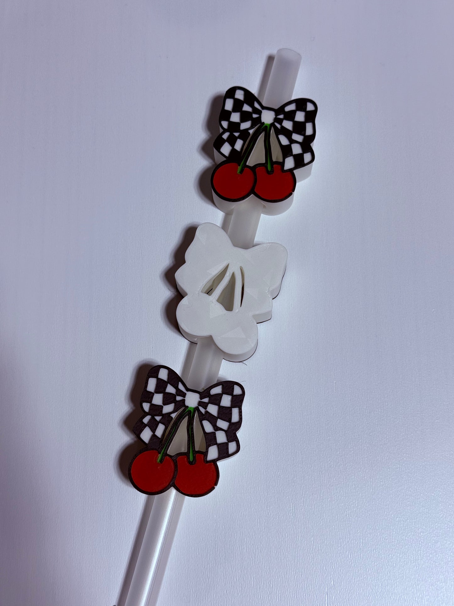 Checkered Bow w/Cherries  - 3d Straw Topper
