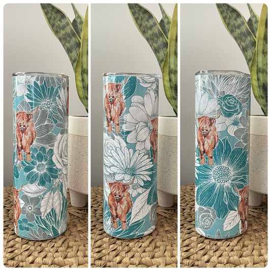 Floral Highland Cow- Sublimation Tumbler