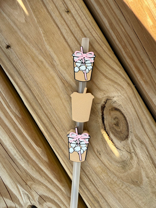 Iced Coffee w/Pink Bow - 3d Straw Topper