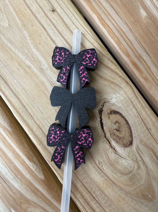 Pink Leopard Bow - 3d Straw Topper