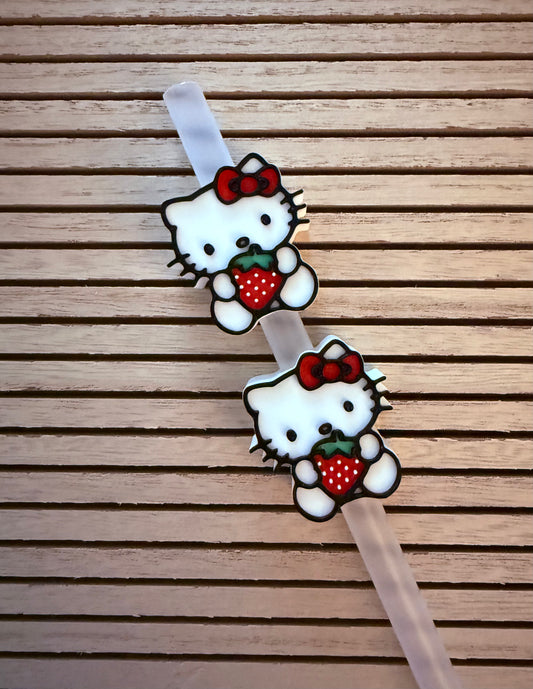 Cat w/Strawberry - 3d Straw Topper