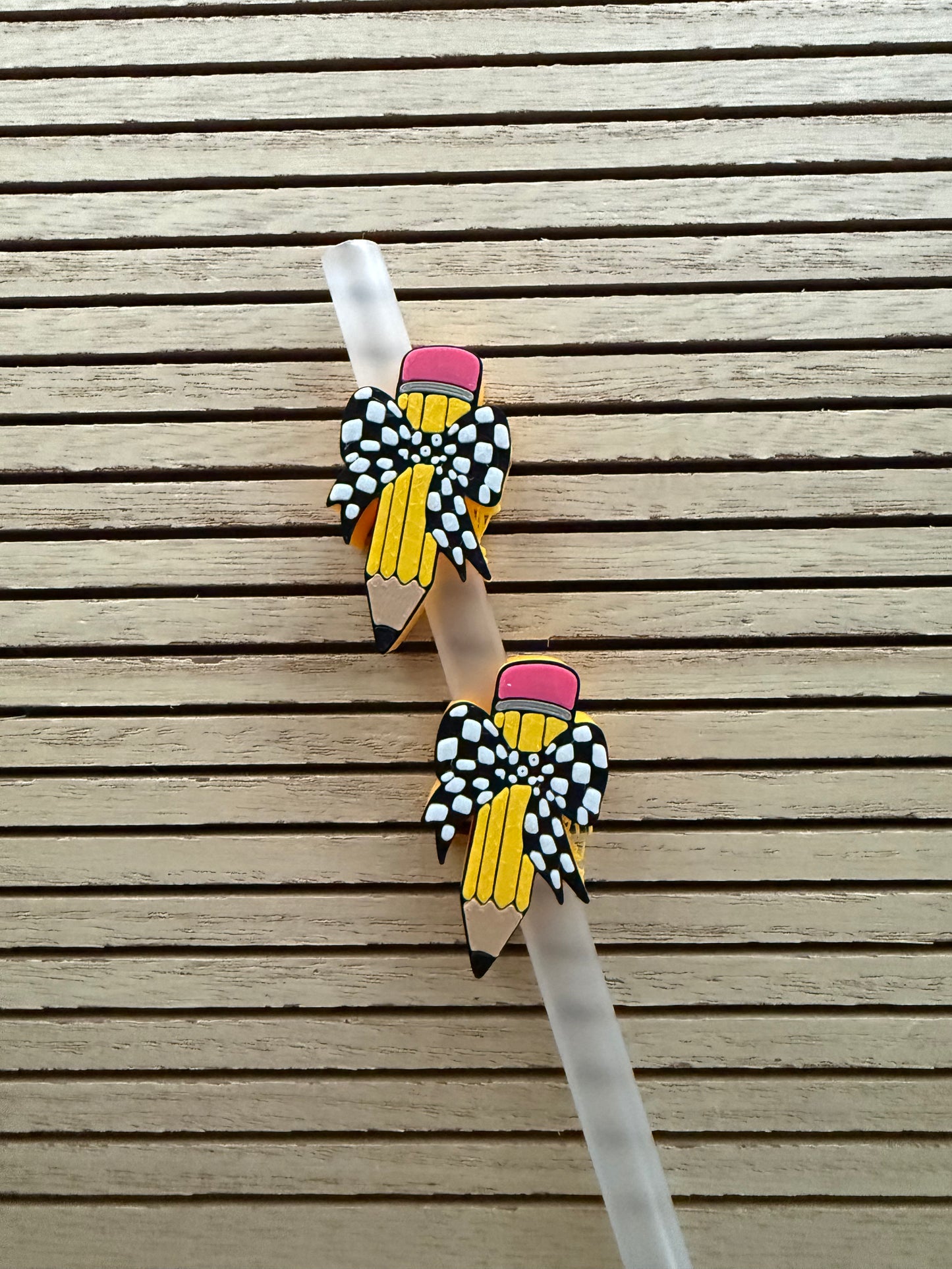 Pencil w/Check Bow - 3d Straw Topper