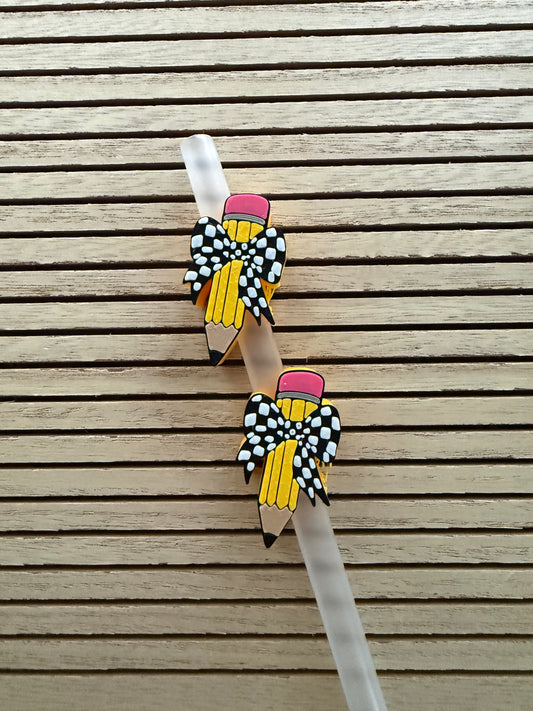 Pencil w/Check Bow - 3d Straw Topper